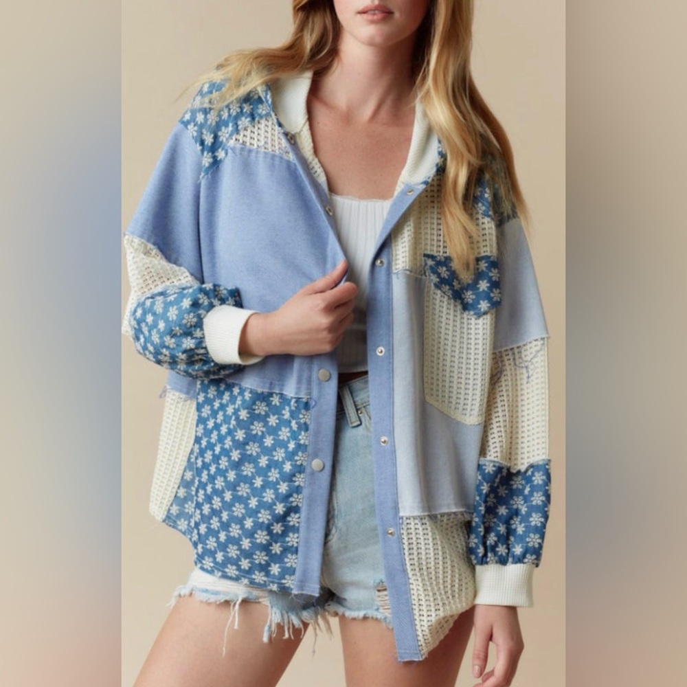 ✨NWT Fantastic Fawn Blue Patchwork Hooded Button-Up Jacket Shacket Shirt